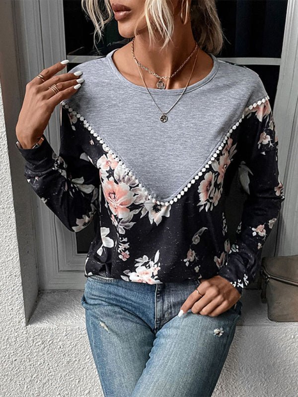 New women's long - sleeved color block sweater thin sweater T-shirt - Top